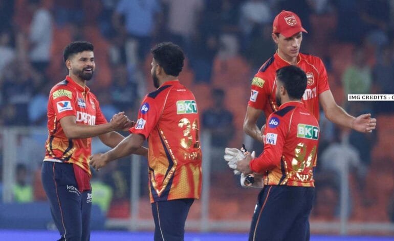 Punjab Kings players rejoicing after a thrilling win over Gujarat Titans in IPL 2025.