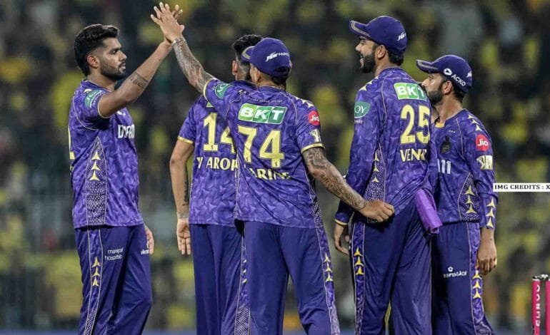 KKR team celebrates a dominant win over CSK at Chepauk Stadium
