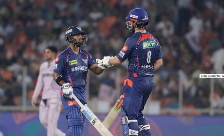 Mitchell Marsh celebrates after scoring his maiden IPL century for Lucknow Super Giants against Gujarat Titans