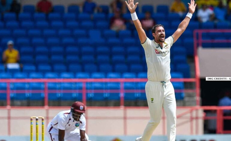Mitchell Starc celebrates after taking a wicket on Day 4 of the Grenada Test against West Indies.