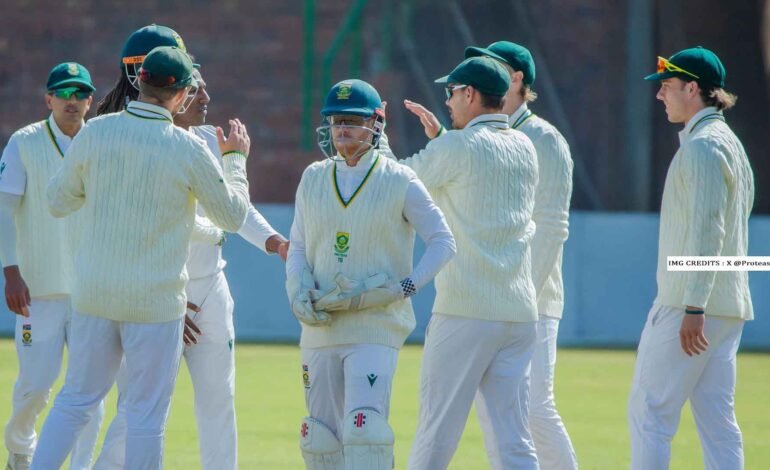 Wiaan Mulder celebrates after scoring a record-breaking 367 in Bulawayo