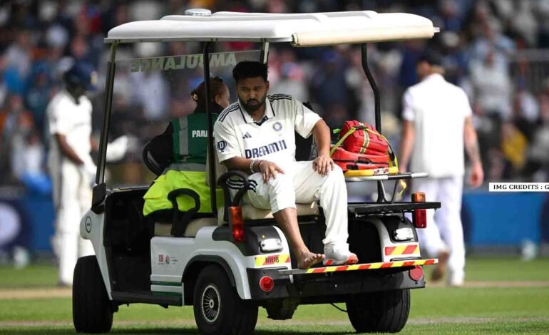 Rishabh Pant with foot in moonboot after sustaining right-foot injury