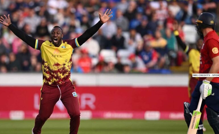 Andre Russell celebrates after a T20 match wearing the West Indies jersey.