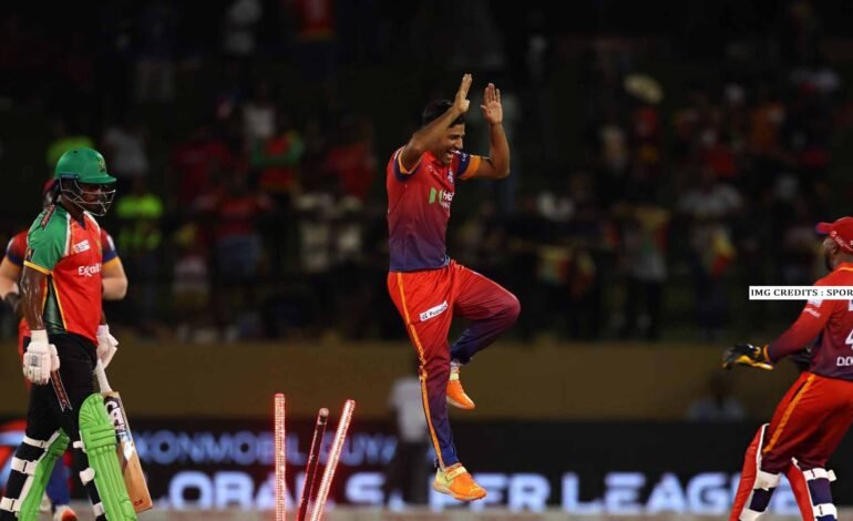 Kaleem Sana celebrates after taking 4 wickets for 31 runs against Guyana Amazon Warriors during the Global Super League 2025 match, delivering a standout bowling performance for Dubai Capitals.
