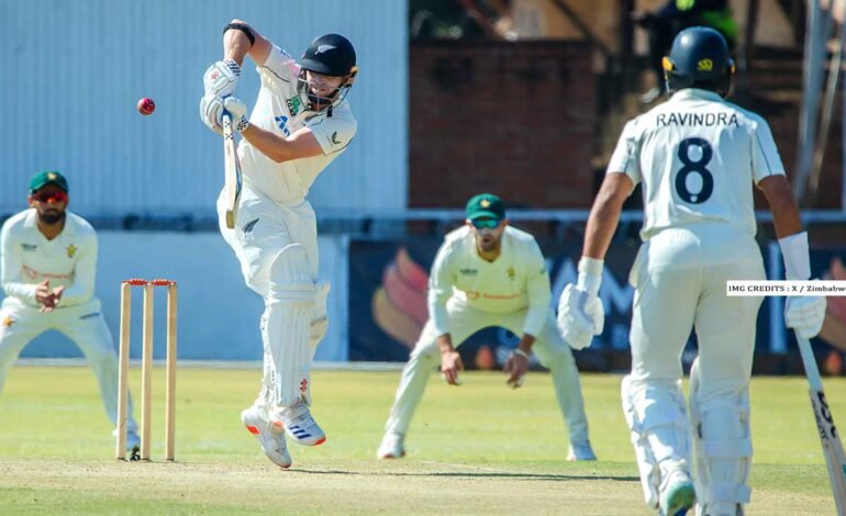 Rachin Ravindra, Devon Conway, and Henry Nicholls celebrate their centuries during New Zealand’s record total against Zimbabwe in the second Test.