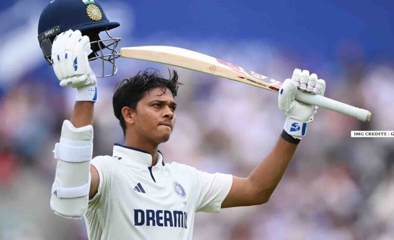Yashasvi Jaiswal drives past mid off for a boundary during the India vs England 5th Test