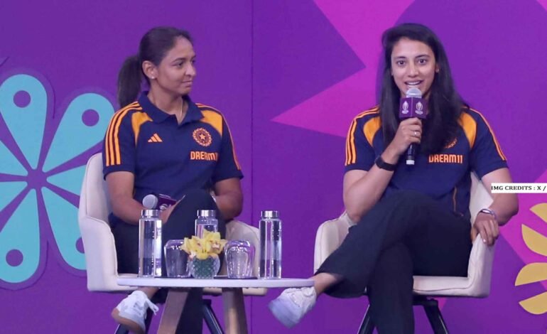 Harmanpreet Kaur and Smriti Mandhana during a press event ahead of the India Women’s Cricket World Cup 2025, expressing confidence in the team’s preparation.