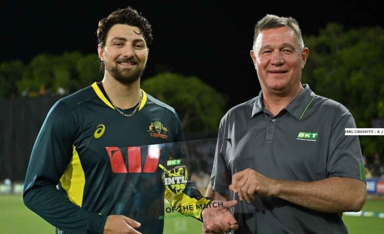 Australia’s Tim David raises his bat after scoring 83 and earning Player of the Match in the first T20I against South Africa in Darwin.