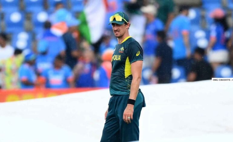 Mitchell Starc in Australia kit celebrating a wicket; announcement highlights his retirement from T20Is to prioritize Tests and the 2027 ODI World Cup.