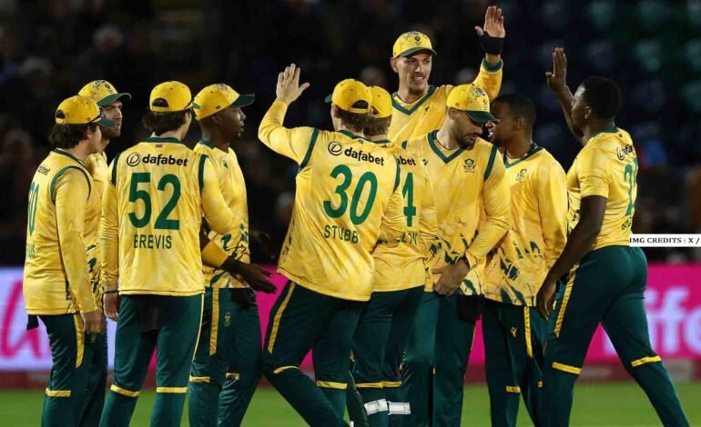 South Africa players celebrate after defeating England in the first T20I in Cardiff, taking a 1-0 series lead.