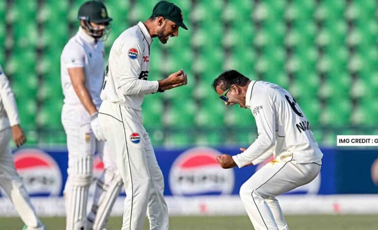 Noman Ali celebrates after dismissing Aiden Markram during the Pakistan vs South Africa Lahore Test 2025.