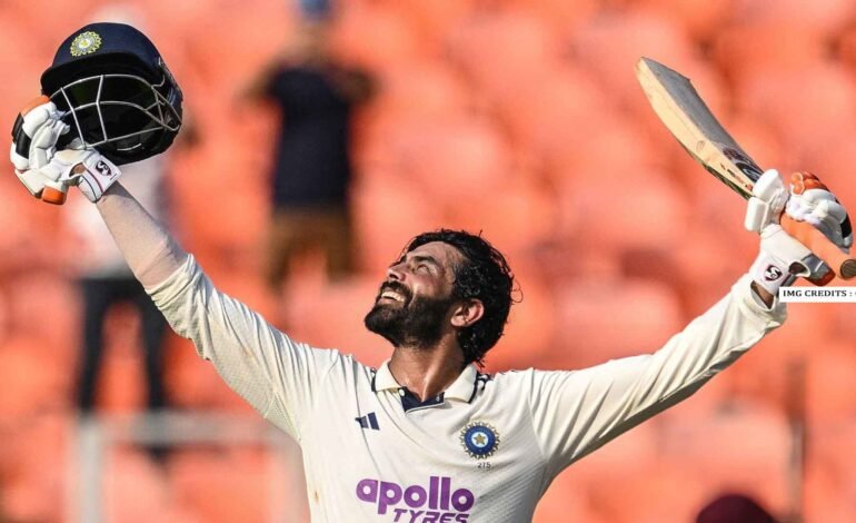 Ravindra Jadeja celebrates his century during the India vs West Indies Test 2025 in Ahmedabad.
